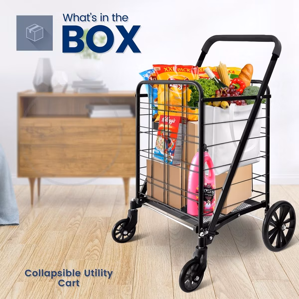 Collapsible Utility Cart - Compact And Portable Shopping Cart With Comfortable Grip (Bag Not Included)