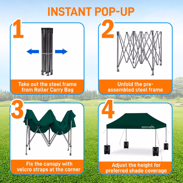 Pop Up Tent 10x15 ft Waterproof UV Blocker Polyester Forest Green