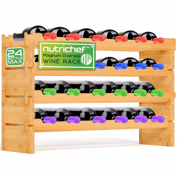 4 -Tier 24 Bottle Capacity Bamboo Stackable Wine Rack, Wobble-Free Modular Display Shelves (Natural)