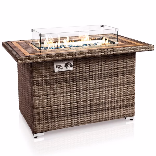 Outdoor Propane Fire Pit Table 50,000 BTU Tile Top Glass Wind Guard, Rattan Base