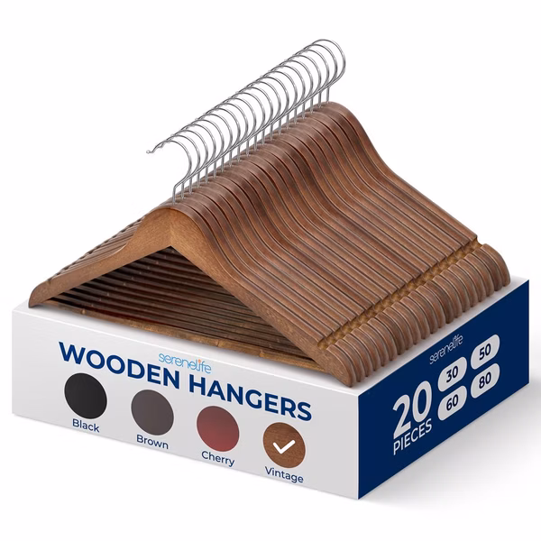 20-Pack Wooden Clothes Hangers - Sturdy, Non-Slip, Vintage Finish