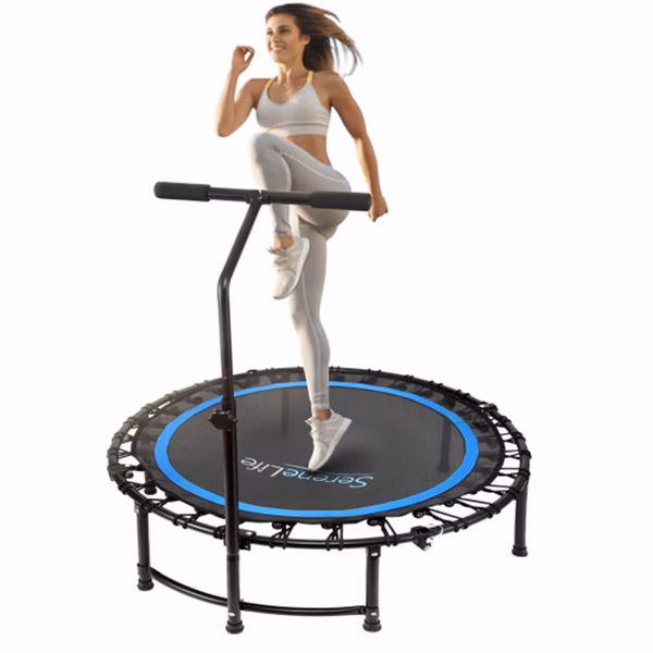 Foldable Mini Trampoline, Aerobic Fitness, Adjustable Handrail, 264 lbs Capacity