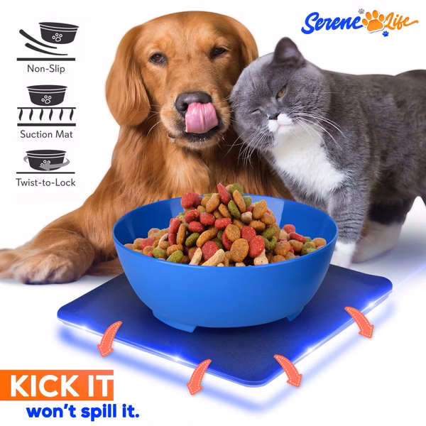 Pet Bowl & Mat Set, Mess-Free Feeding, Non-Slip, Easy Clean, Blue