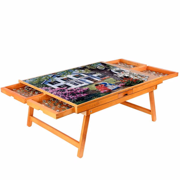 Wooden Puzzle Board Rack - Jigsaw Puzzle Table With Foldable Legs, 6 Storage & Sorting Drawers