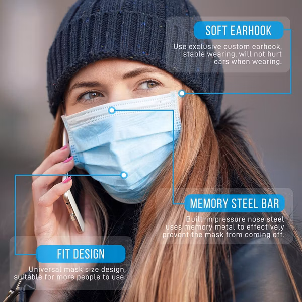 100 Disposable Face Masks, 3-Layer Protection, Breathable, Skin-Friendly