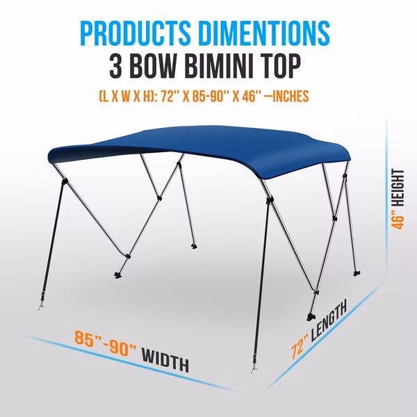 3 Bow Bimini Top Boat Cover, Waterproof 600D Canvas, Easy Install, Blue