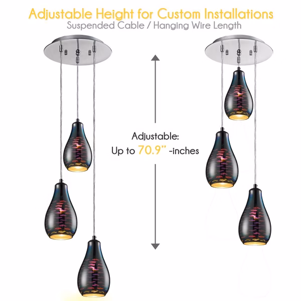 Pendant Light Fixture, Energy Efficient, Glass Dome Shades, Chrome