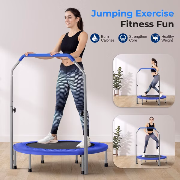 40" Foldable Trampoline, Burn Calories, Adjustable Handrail, Deep Blue