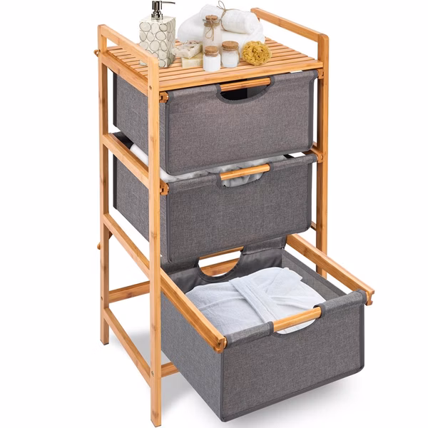 3 Section Bamboo Bathroom Organizer with Pull Out Hampers, Eco-Friendly
