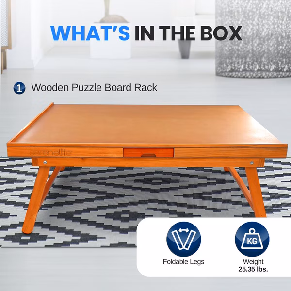 Wooden Puzzle Board Rack - Jigsaw Puzzle Table With Foldable Legs, 6 Storage & Sorting Drawers