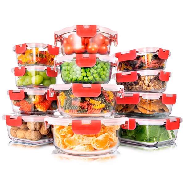 24-Piece Glass Storage Set, Leak-Proof, High Borosilicate, Red Lids