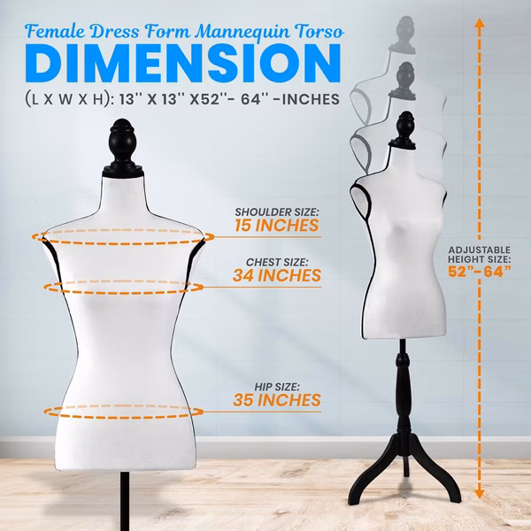 Female Dress Form Mannequin, Adjustable Height, Foam Torso, White