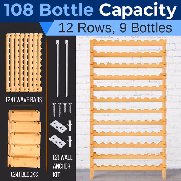 12 Tier Wine Shelf - Strong Frame Solid Bamboo For 108 Bottle Wine Capacity (Color)