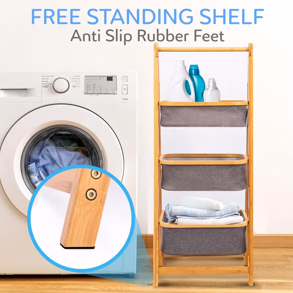 3 Tier Bamboo Laundry Shelf - Space-Saving Foldable Organizer with Baskets