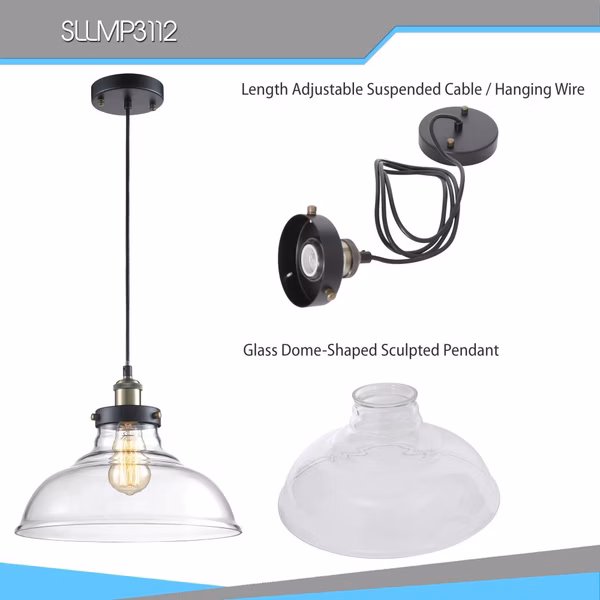 Pendant Light Fixture, Adjustable Glass Dome, Vintage Brass Finish