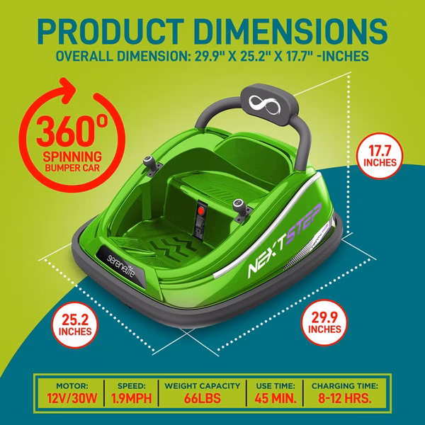 Kids Toy Electric Ride On Bumper Car Vehicle With Remote Control, Led Lights & 360 Degree Spin, 2 Driving Modes (Green)