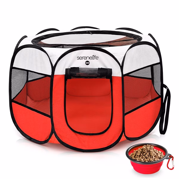 Large Portable And Foldable Pet Tent - Lightweight, Easily Collapsible, Play Yard Crib For Indoor & Outdoor Use With Portable Folding Pet Bowl (Red)