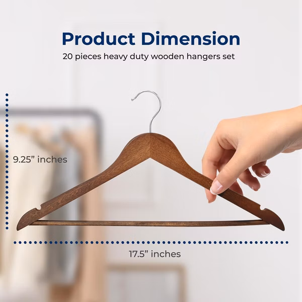 20-Pack Wooden Clothes Hangers - Sturdy, Non-Slip, Vintage Finish