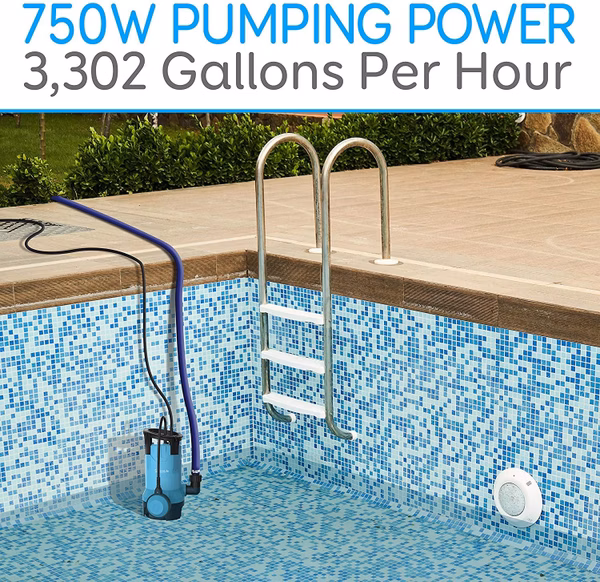 Submersible Clean/Dirty Water Pump - 750W Powerful Sump Pump, 3302 GPH, Auto Float Switch with 16 ft. Power Cord Length