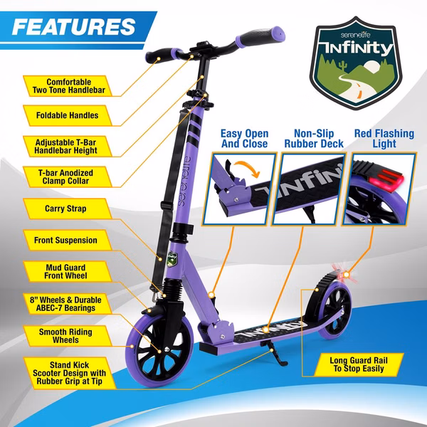Kick Scooter for Teens & Adults, Adjustable Alloy Deck, Purple