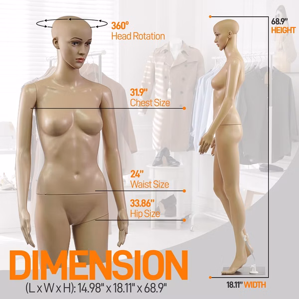 Full-Body Female Mannequin, Adjustable Head, Flexible Limbs, 68.9" Tall