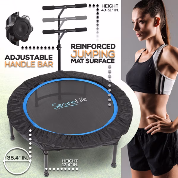 Foldable Mini Trampoline, Aerobic Fitness, Adjustable Handrail, 264 lbs Capacity