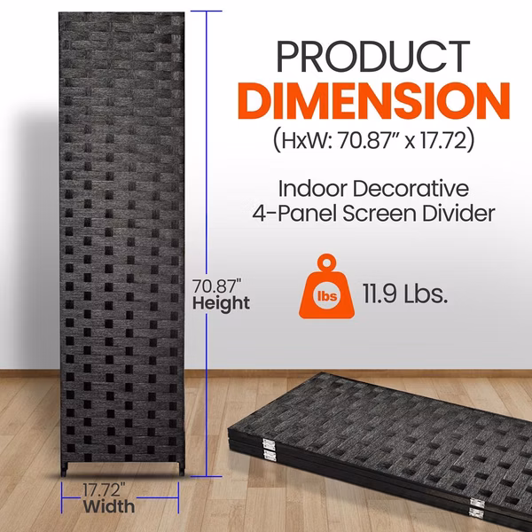 4-Panel Room Divider, Enhanced Privacy, Handcrafted Woven Fiber