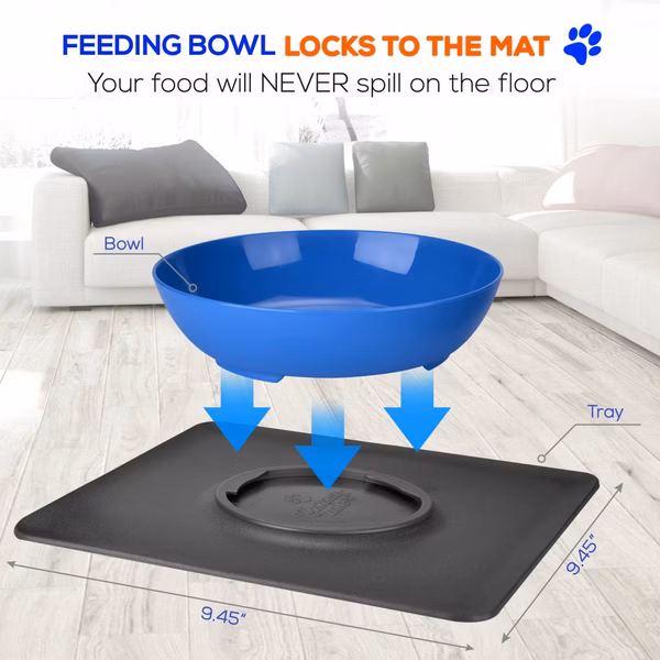 Pet Bowl & Mat Set, Mess-Free Feeding, Non-Slip, Easy Clean, Blue