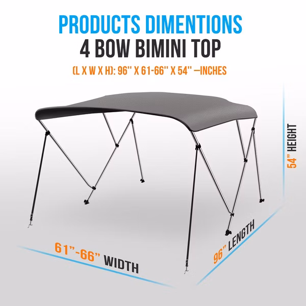 Waterproof Boat Bimini Top - Sun Shade, 600D Canvas, Aluminum Frame, Gray