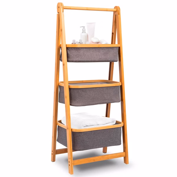 3 Tier Bamboo Laundry Shelf - Space-Saving Foldable Organizer with Baskets
