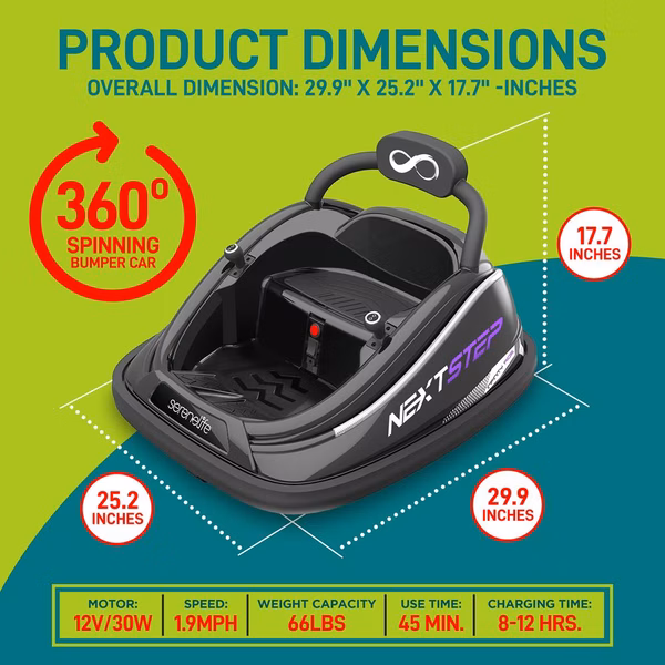 Kids Toy Electric Ride On Bumper Car Vehicle With Remote Control, Led Lights & 360 Degree Spin, 2 Driving Modes (Black)