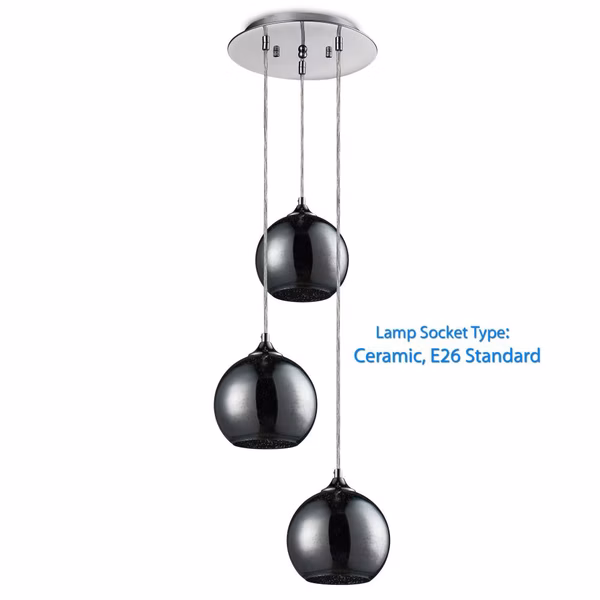 Triple Pendant Light Fixture, Adjustable Glass Domes, Chrome Finish