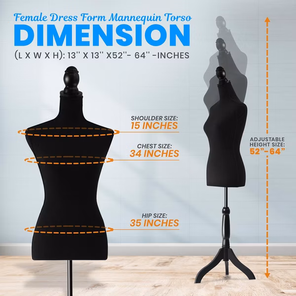 Female Mannequin Dress Form, Adjustable Stand, Foam Torso, Black