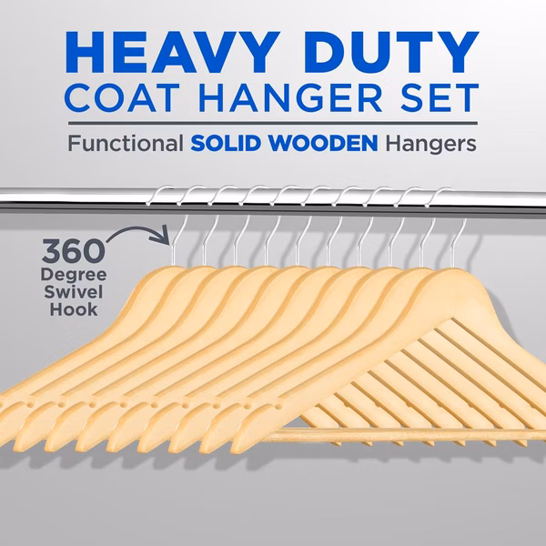 Wooden Hangers 80-Pack, Heavy Duty, 360° Swivel Hook, Natural Wood