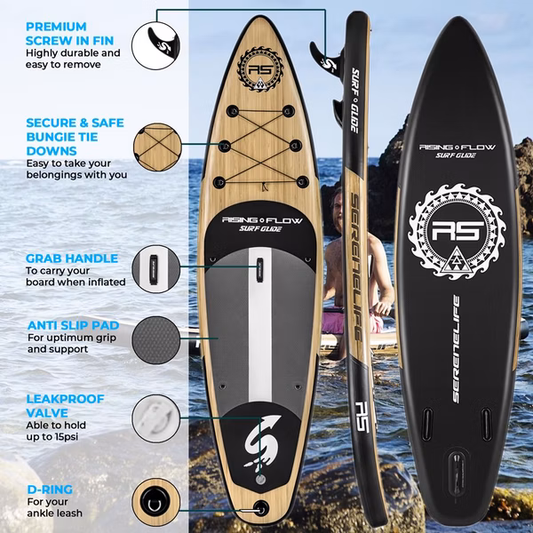 Inflatable Paddle Board - Stable Non-Slip Deck, 10'6", Wood Finish
