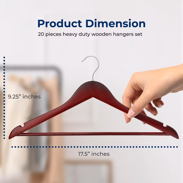 20-Pack Wooden Coat Hangers - Durable, Space-Saving, 360° Swivel Hook
