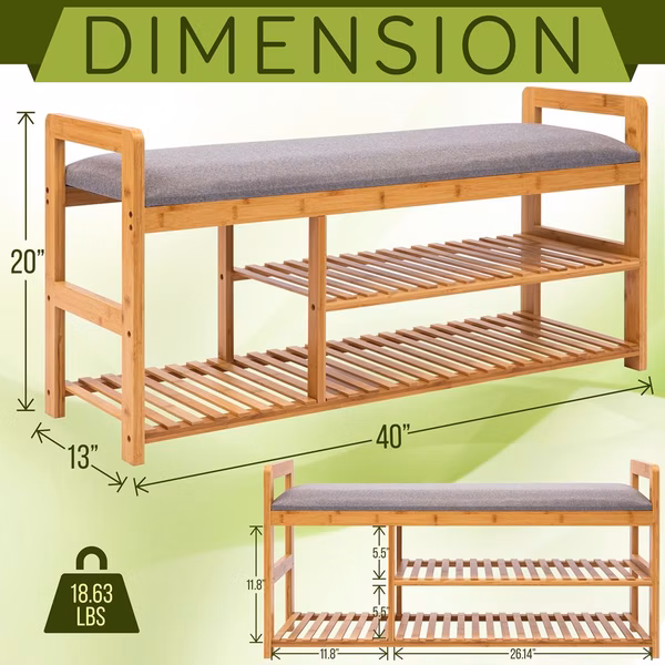 3 Tier Bamboo Shoe Bench - 2-In-1 Shoe Organizer With Seat Cushion Bench