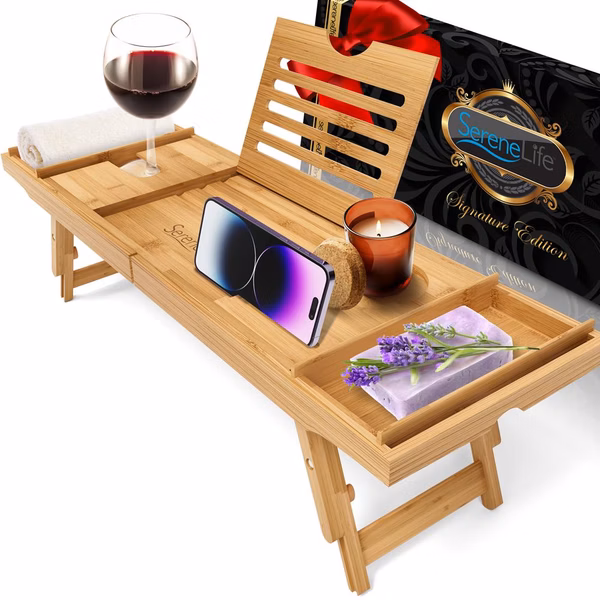 Bath Caddy Tray Comfort Bamboo Waterproof Adjustable Dark Brown