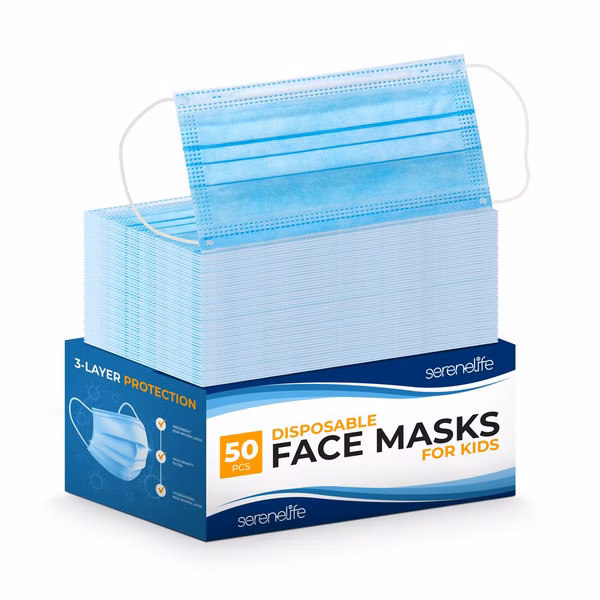 Children's Face Masks 50 Pack, Breathable 3-Ply, Non-Woven, Blue