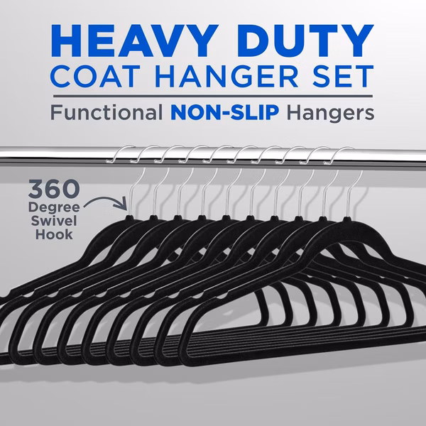 Velvet Non-Slip Hangers 150-Pack, Heavy Duty, 360° Swivel Hook, Black
