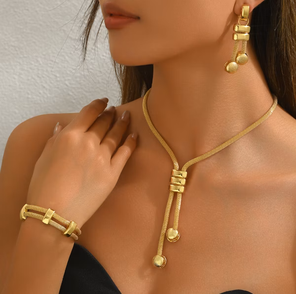 Gold Long Choker Necklace Set 18k Gold Plated Pendant Earrings Necklace Bracelet Set Simple Fashion Chain Jewelry Set For Women