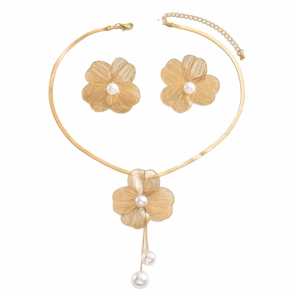 Gold Flower Necklace and Earrings Set for Women Elegant Flower Pearl Pendant Necklace Trendy Gold Floral Stud Earrings Spring Summer Wedding Guest Dresses Accessories