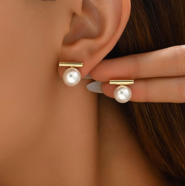 Elegant Faux Pearl Drop Earrings for women and teenager, Gold-Plated Bar Design, Modern Minimalist Style, for daily wear and event outfit, jewelry gift for mom