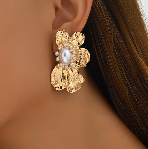 Statement Large Flower Fan Earrings, Gold-plated Zinc with Faux Pearl Stones, Unisex Boho Stud Earrings