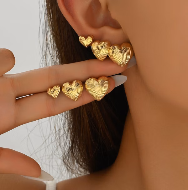 3Pairs Gold Heart Stud Earrings for Women,Chunky Puffy Love Multiple Piercing Cartilage Earrings Set,Trendy Large Small Heart Ear Jewelry Accessories