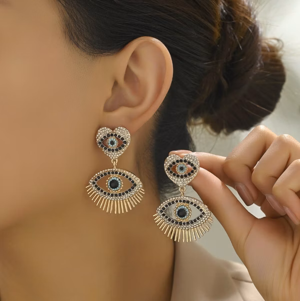 Evil Eye Earrings-Statement Heart Crystal Drop Earrings for Women, Big Dangle Earrings